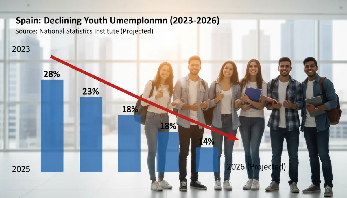 Gráfico que muestra la evolución de las tasas de desempleo juvenil en España, con una tendencia decreciente y proyecciones positivas hacia 2026.
