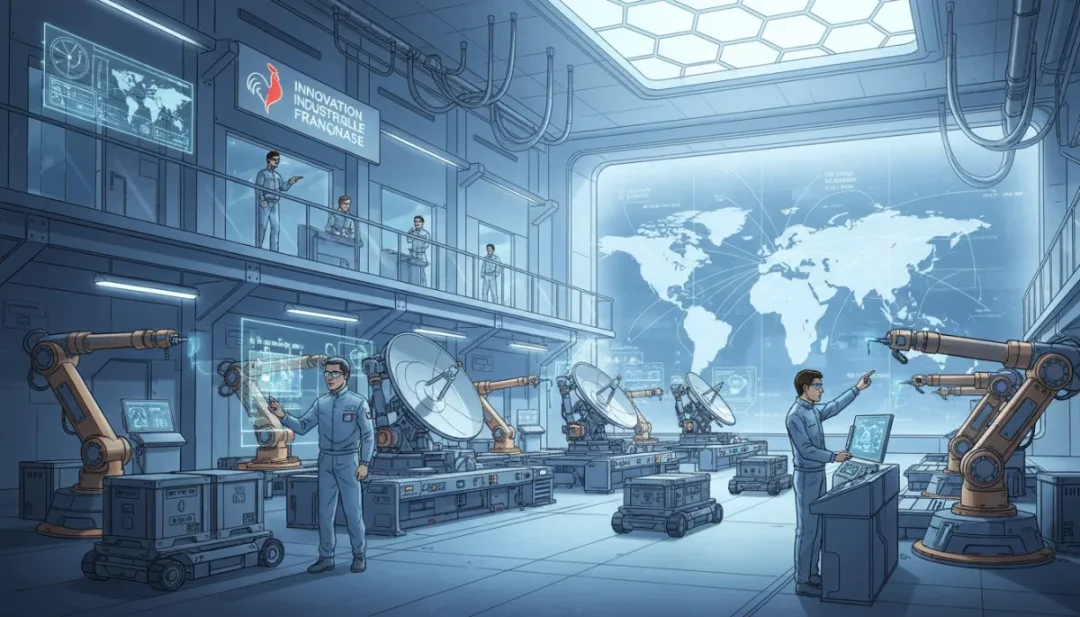 Usine française de haute technologie produisant des biens pour l'exportation, illustrant l'innovation et l'efficacité industrielle.