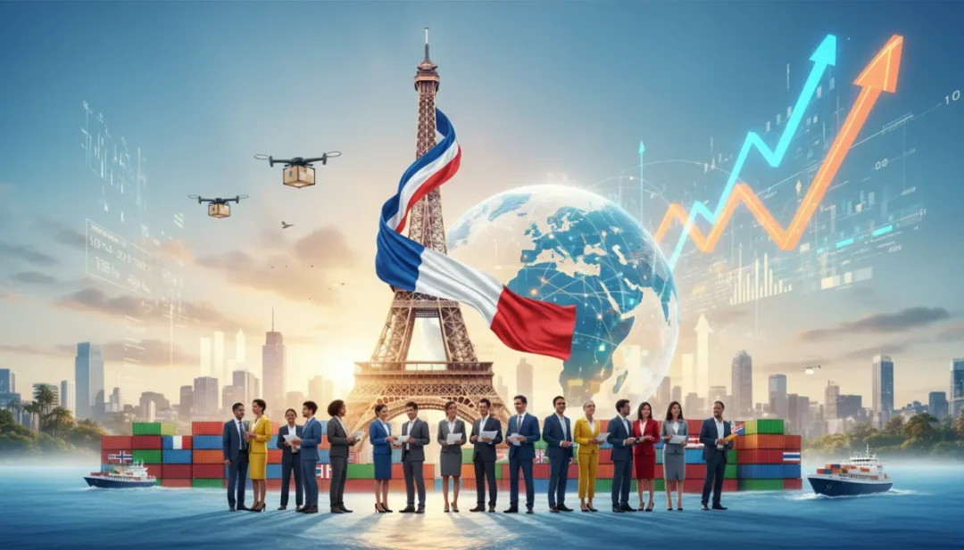 Carte stylisée de la France avec des flèches d'exportation vers des marchés mondiaux, symbolisant la relance économique par le commerce international.