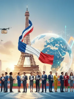Carte stylisée de la France avec des flèches d'exportation vers des marchés mondiaux, symbolisant la relance économique par le commerce international.