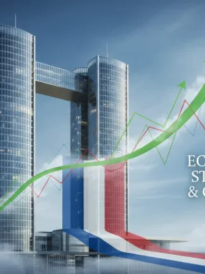 Bâtiment de la Banque Centrale Européenne avec des graphiques économiques et le drapeau français, symbolisant l'impact sur l'économie.
