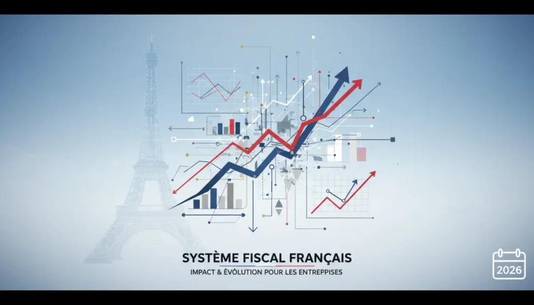 Graphique abstrait représentant l'impact des nouvelles réglementations fiscales 2026 sur les entreprises françaises, avec des flèches et des icônes financières.