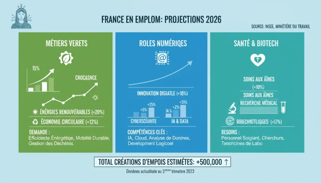 Infographie sur les projections de croissance de l'emploi en France pour 2026, mettant en évidence les secteurs verts et numériques.