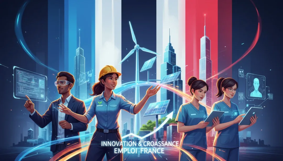 Illustration dynamique du marché de l'emploi français en 2026 avec des professionnels de divers secteurs innovants.