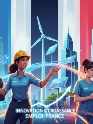 Illustration dynamique du marché de l'emploi français en 2026 avec des professionnels de divers secteurs innovants.