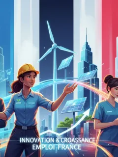 Illustration dynamique du marché de l'emploi français en 2026 avec des professionnels de divers secteurs innovants.