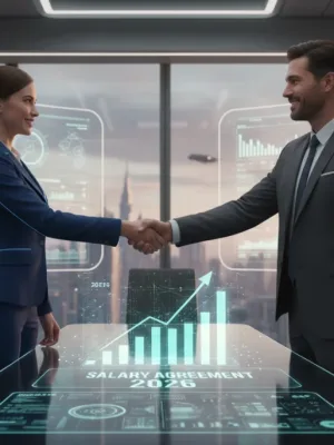 Femme professionnelle négociant son salaire avec succès dans un bureau moderne en France, pour 2026.