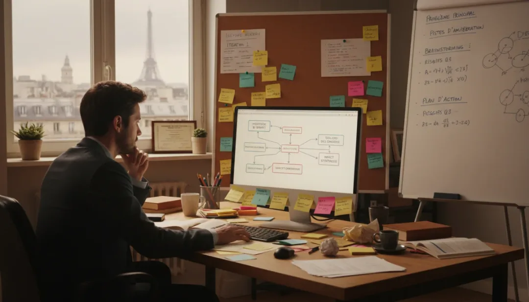 Personne réfléchissant devant un diagramme complexe, illustrant la pensée critique