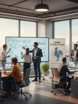 Professionnels divers collaborant dans un bureau moderne, symbolisant les soft skills de 2026