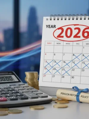Calendrier 2026 et calculatrice, symbolisant la réforme des retraites et l'anticipation financière.