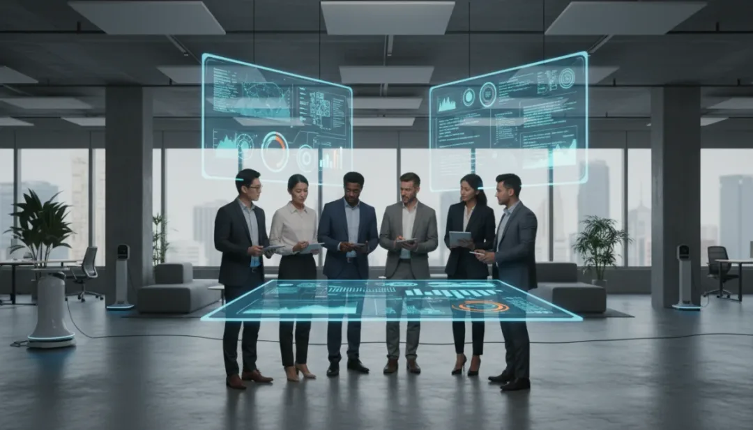 Professionnels collaborant dans un bureau moderne, utilisant des outils numériques avancés pour stimuler la productivité en équipe.