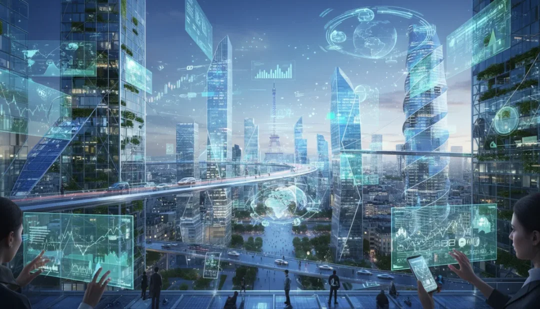 Paysage urbain numérique de Paris en 2026, symbolisant la numérisation de l'économie française avec des flux de données et des innovations technologiques.