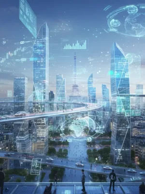 Paysage urbain numérique de Paris en 2026, symbolisant la numérisation de l'économie française avec des flux de données et des innovations technologiques.