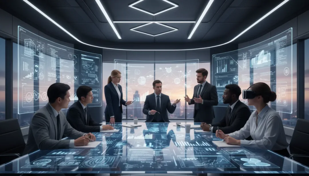 Professionnels collaborant dans un environnement de bureau high-tech, entourés d'écrans affichant des données et des interfaces de réalité virtuelle, symbolisant la collaboration humaine et technologique.