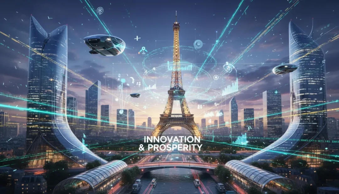 Paysage urbain parisien futuriste avec des superpositions numériques et des lignes technologiques lumineuses, symbolisant l'innovation avancée et la croissance économique.