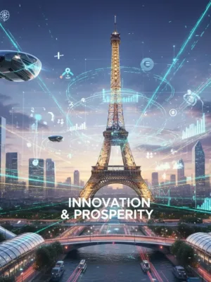 Paysage urbain parisien futuriste avec des superpositions numériques et des lignes technologiques lumineuses, symbolisant l'innovation avancée et la croissance économique.