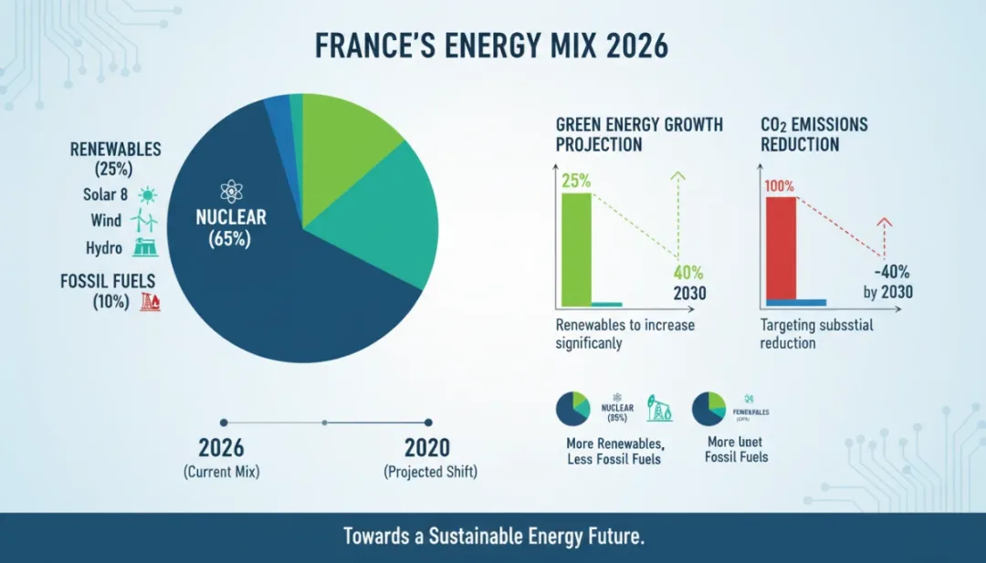 Infographie détaillée de la composition du mix énergétique français en 2026, avec des projections de croissance des énergies renouvelables.