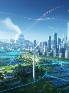 Paysage énergétique français futuriste avec éoliennes, panneaux solaires et infrastructures modernes