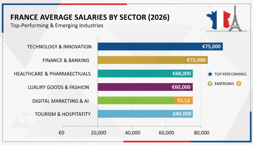 Graphique comparatif des salaires moyens par secteur en France en 2026