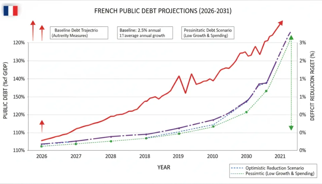 Graphique montrant l'évolution projetée de la dette publique française de 2026 à 2031 avec divers scénarios politiques.