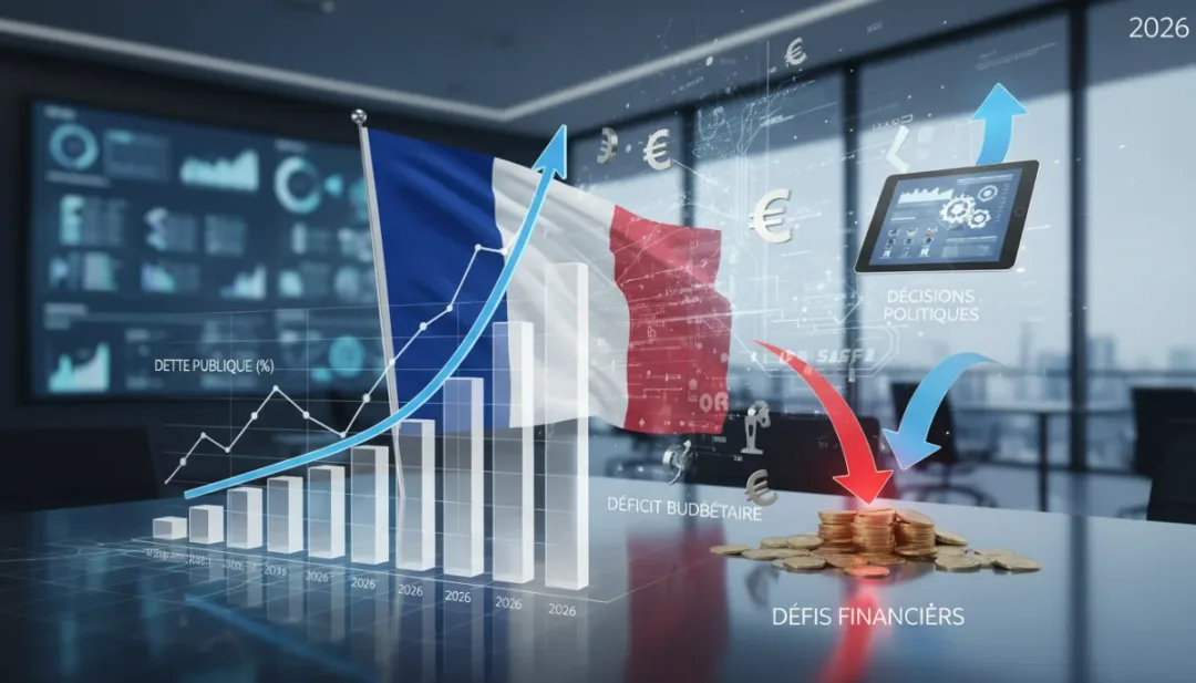 Graphiques financiers et symboles euro illustrant la dette publique française en 2026 et les efforts de réduction.