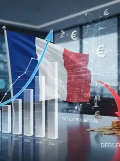 Graphiques financiers et symboles euro illustrant la dette publique française en 2026 et les efforts de réduction.