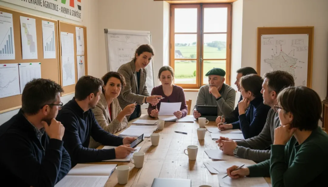 Groupe d'agriculteurs français en discussion, analysant des documents, illustrant la collaboration et la planification stratégique face aux nouvelles réglementations de la PAC.