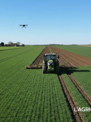 Vaste champ agricole français avec un tracteur moderne au travail, symbolisant la productivité et l'innovation dans l'agriculture en 2026.