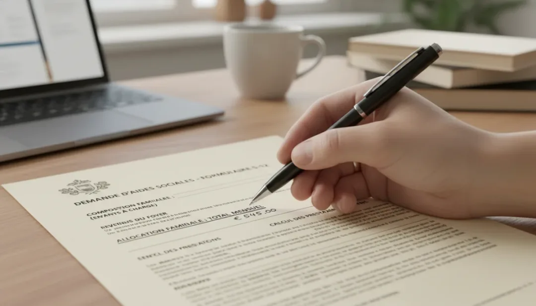 Main tenant un stylo pointant des seuils de revenus sur un formulaire officiel d'allocations familiales.