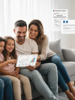 Famille française consultant des informations sur les allocations familiales 2026 sur une tablette, symbolisant la planification financière.