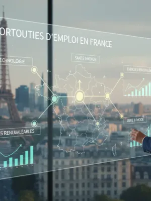 Carte de France avec des icônes représentant les secteurs d'emploi en croissance pour 2026, symbolisant les métiers en tension.