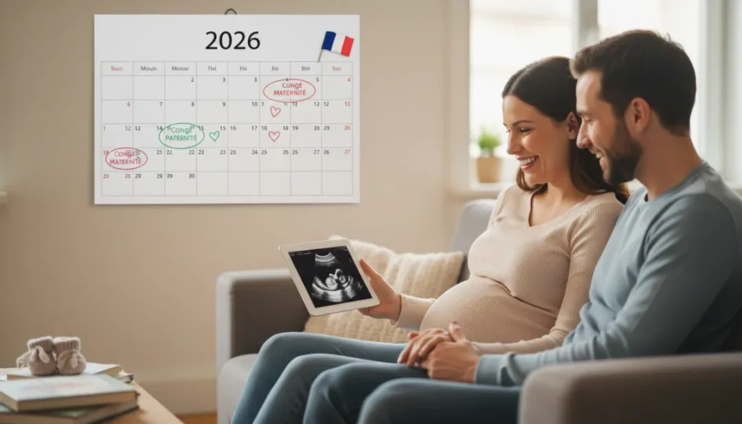 Couple heureux anticipant le congé maternité et paternité en France en 2026.