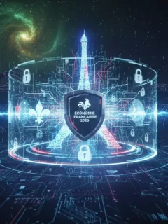 Illustration futuriste de la cybersécurité protégeant l'économie française en 2026