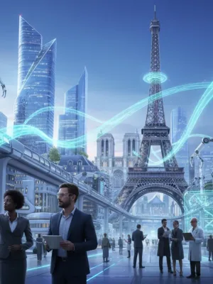 Illustration futuriste de l'impact de l'IA sur les carrières en France en 2026, avec des professionnels collaborant avec des technologies avancées.