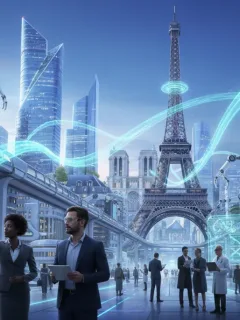 Illustration futuriste de l'impact de l'IA sur les carrières en France en 2026, avec des professionnels collaborant avec des technologies avancées.
