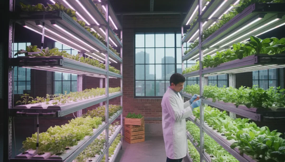 Culture verticale innovante en milieu urbain, représentant l'agriculture locale et durable.