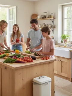Famille préparant un repas avec des produits locaux et durables dans une cuisine moderne en France en 2026.