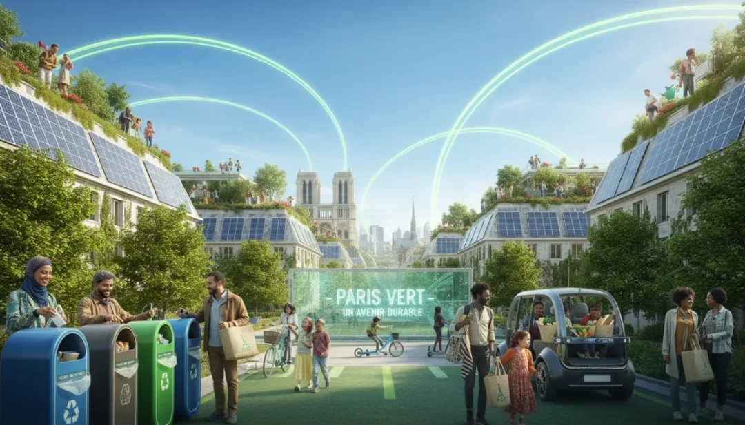 Groupe de personnes en France adoptant des gestes écologiques en 2026, incluant recyclage, transport doux et jardins urbains.