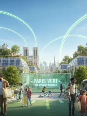 Groupe de personnes en France adoptant des gestes écologiques en 2026, incluant recyclage, transport doux et jardins urbains.
