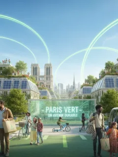 Groupe de personnes en France adoptant des gestes écologiques en 2026, incluant recyclage, transport doux et jardins urbains.