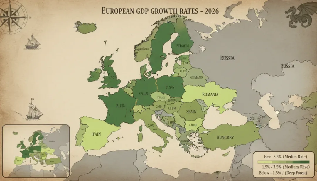 Carte de l'Europe illustrant la croissance du PIB par pays en 2026