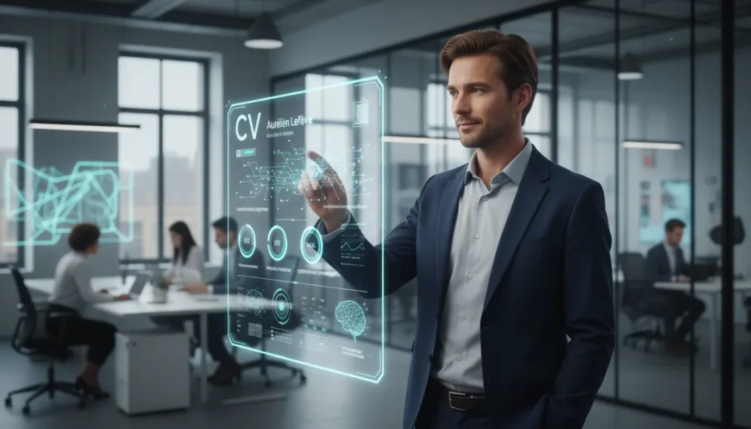 Professionnel français consultant un CV numérique innovant en 2026.