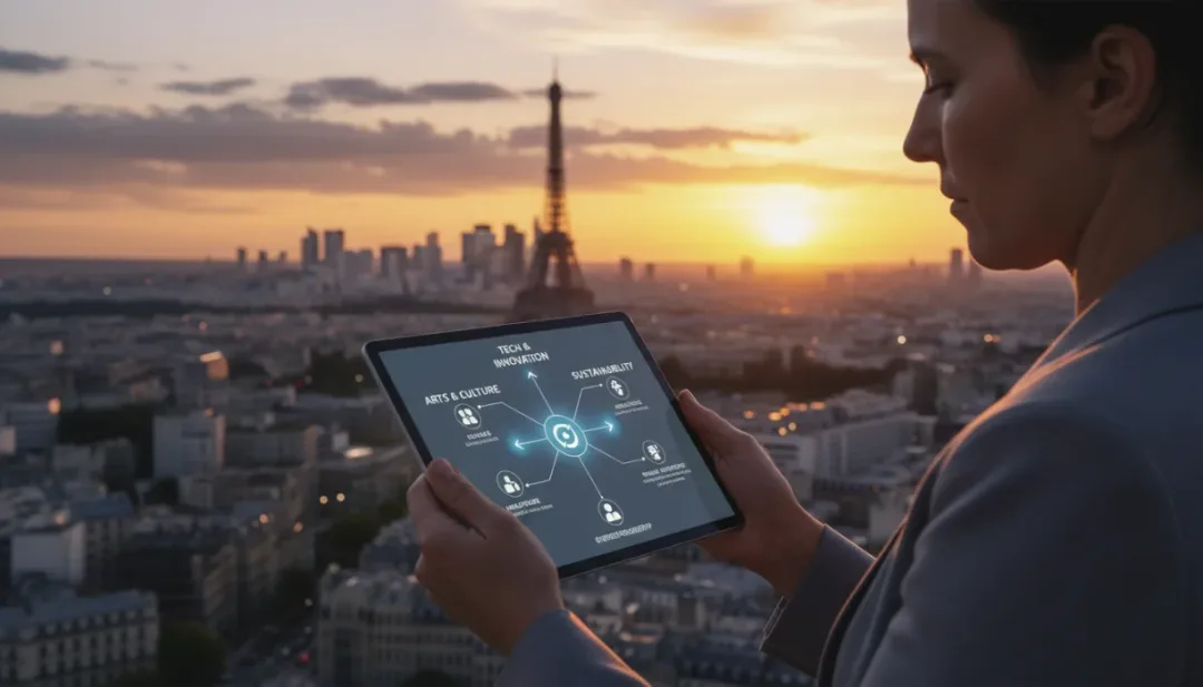 Une personne réfléchissant à des parcours de carrière sur une tablette, symbolisant la reconversion professionnelle en France.
