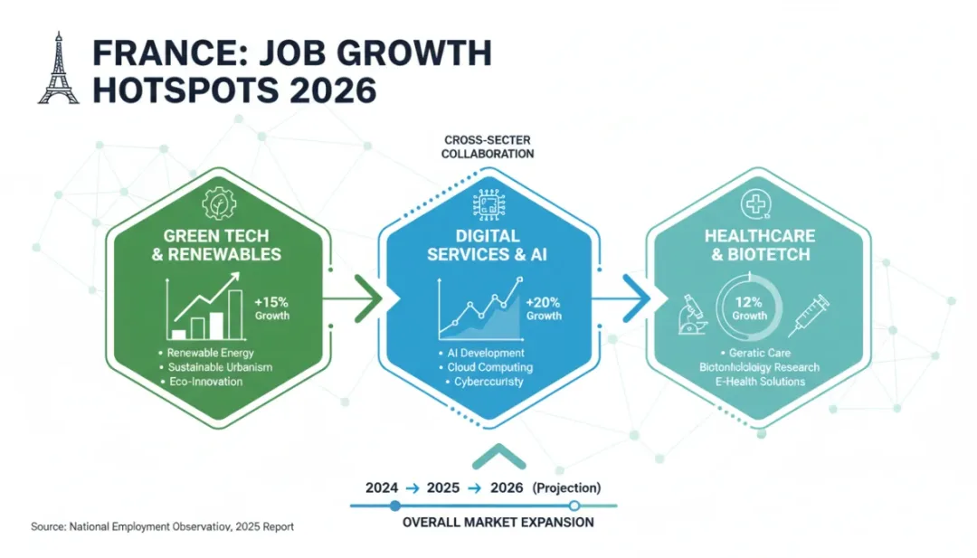Infographie des secteurs en croissance sur le marché de l'emploi français en 2026.