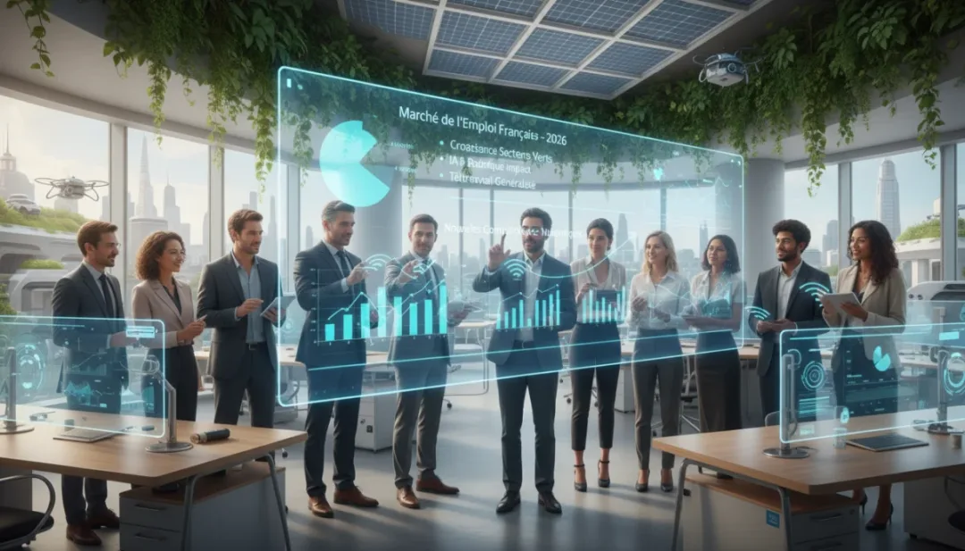 Professionnels collaborant dans un bureau futuriste en France, symbolisant le marché de l'emploi 2026.
