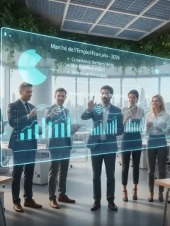 Professionnels collaborant dans un bureau futuriste en France, symbolisant le marché de l'emploi 2026.