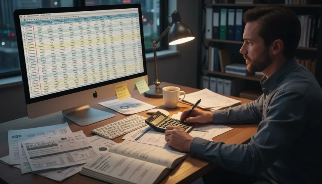 Personne calculant des prestations sur un ordinateur, avec des documents et une calculatrice, illustrant le calcul des droits.