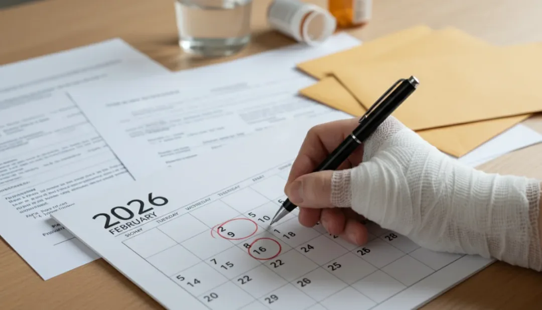 Calendrier 2026 avec une main blessée et des documents, symbolisant l'arrêt maladie et les démarches administratives.