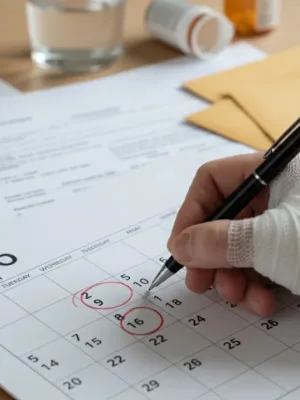 Calendrier 2026 avec une main blessée et des documents, symbolisant l'arrêt maladie et les démarches administratives.