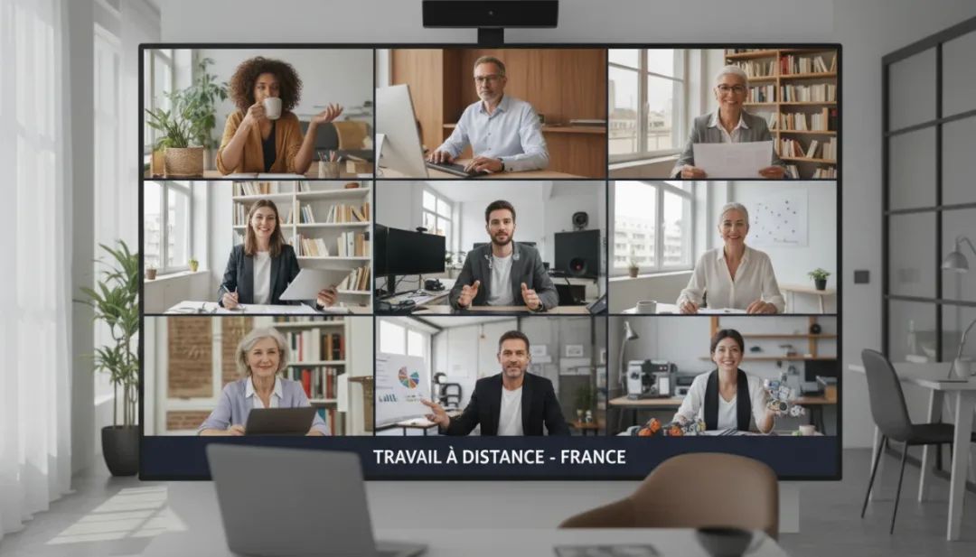 Professionnels français en visioconférence, collaborant à distance, illustrant la connectivité et le travail d'équipe en télétravail.